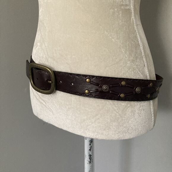 FOSSIL Brown Leather Belt Embossed Studded Southwest western boho Women's Medium - Picture 4 of 15